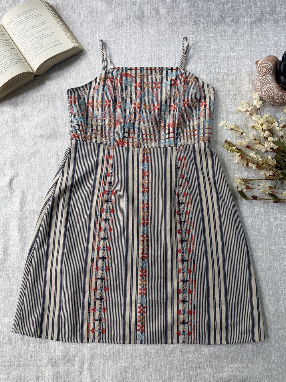 Boho Altar’d State Mini Dress. Striped Embroidered Sundress in Cream & Navy